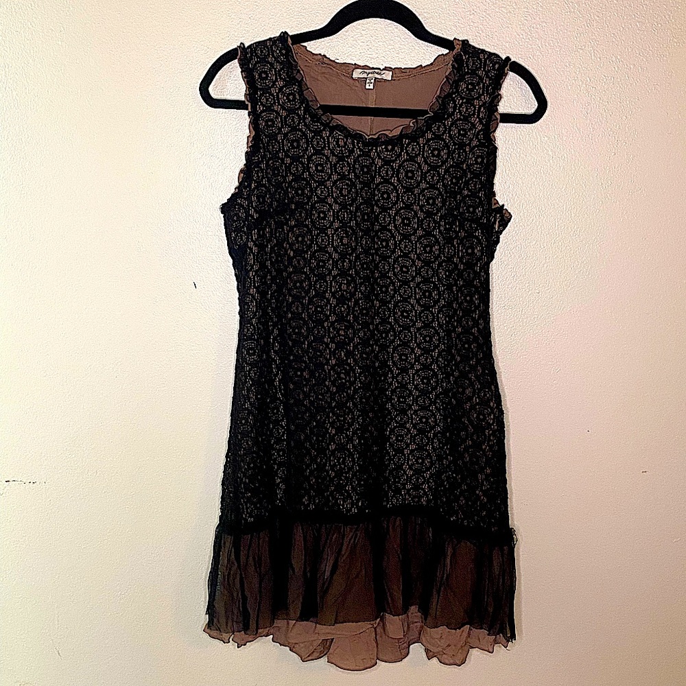 Mystree dropped waistline mini dress with lace overlay and flirty ruffle hem